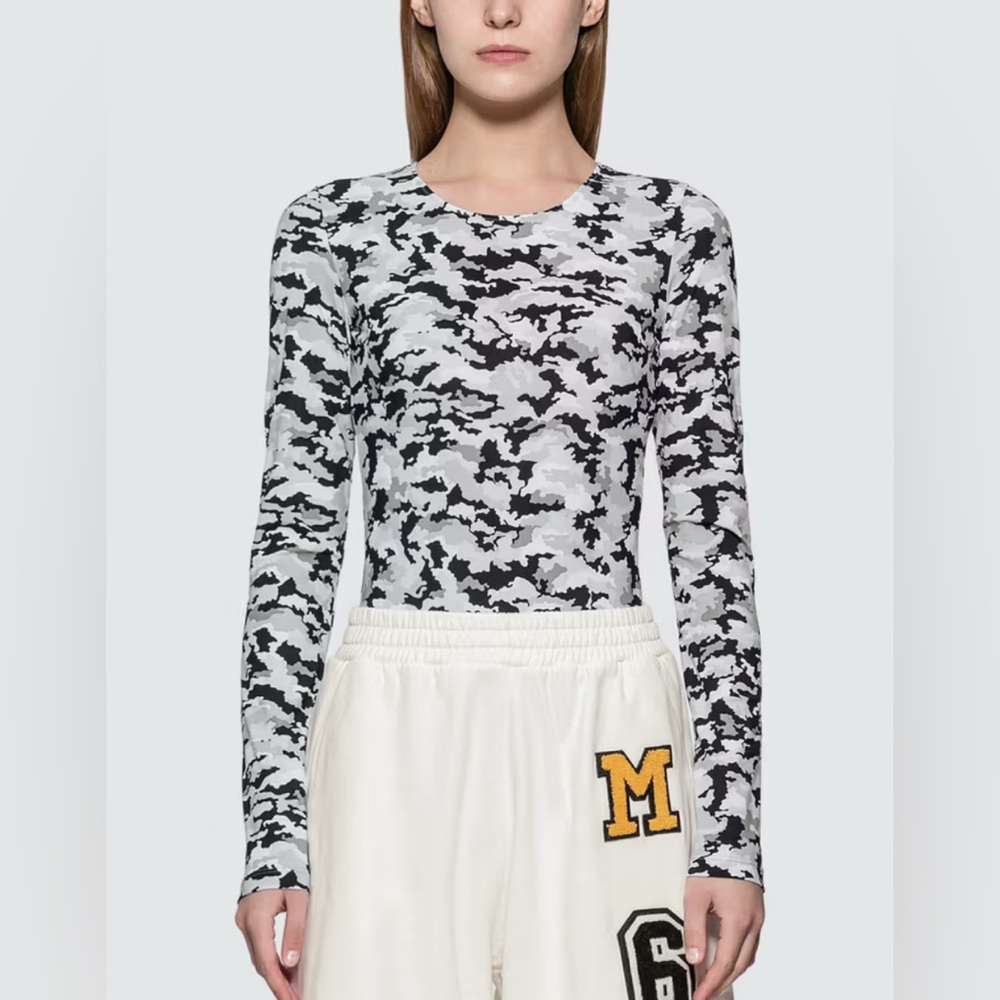 NWOT Maison Margiela camo bodysuit. Colors are black, white, and grey.